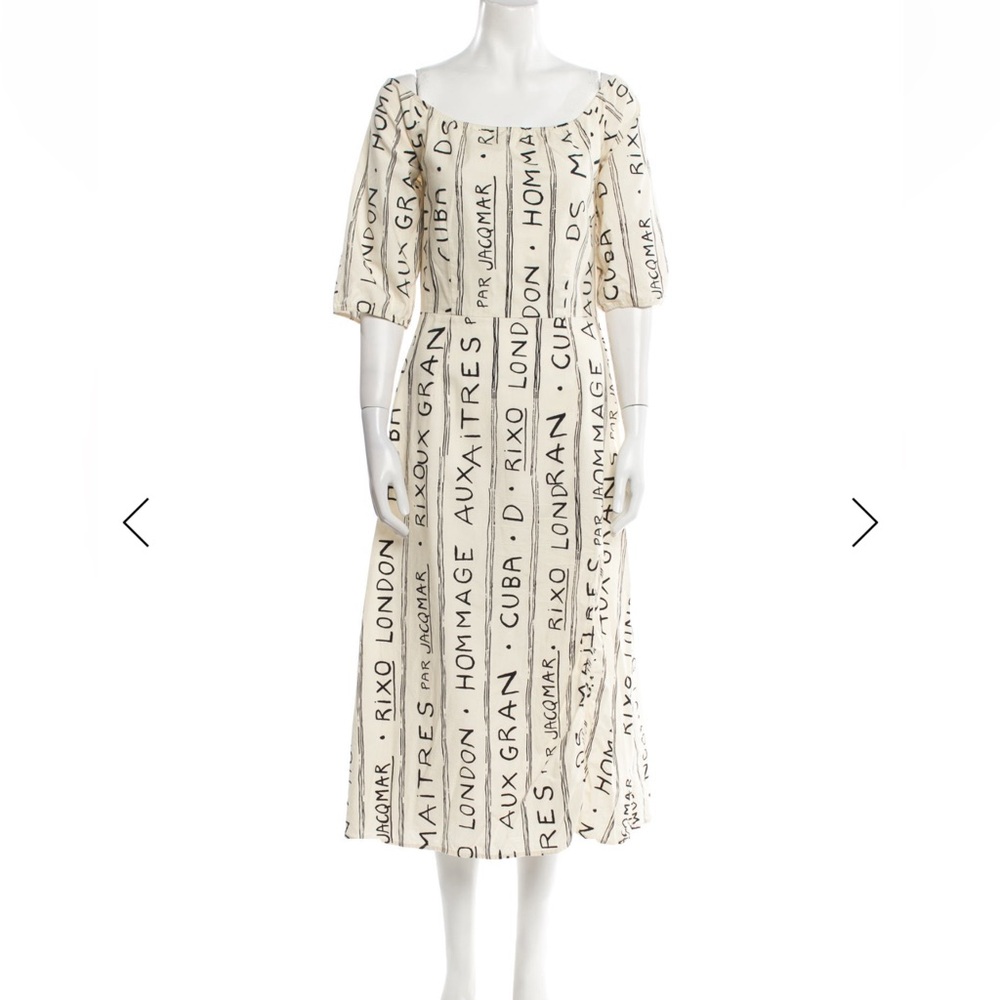 RIXO Cream Maxi Dress with Black Script Print